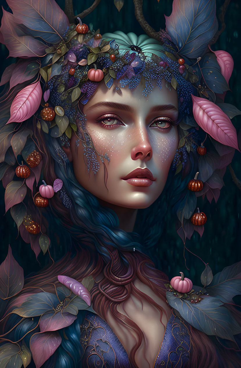 Fantastical portrait of female figure with blue hair and leafy crown in dark forest.