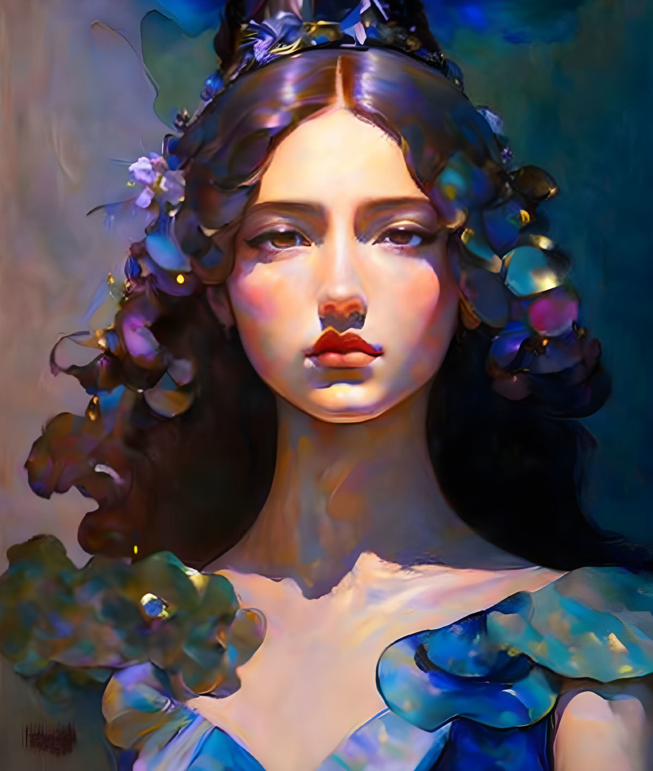 Young woman with serene expression and floral crown in vibrant blue and purple palette