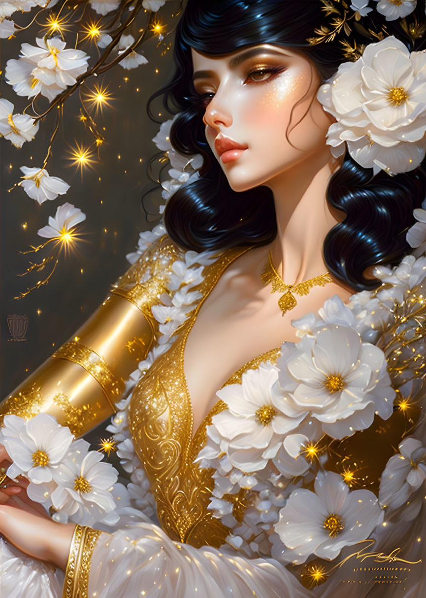 Dark-haired woman with white flowers, golden attire, sparkles, and floral motifs.