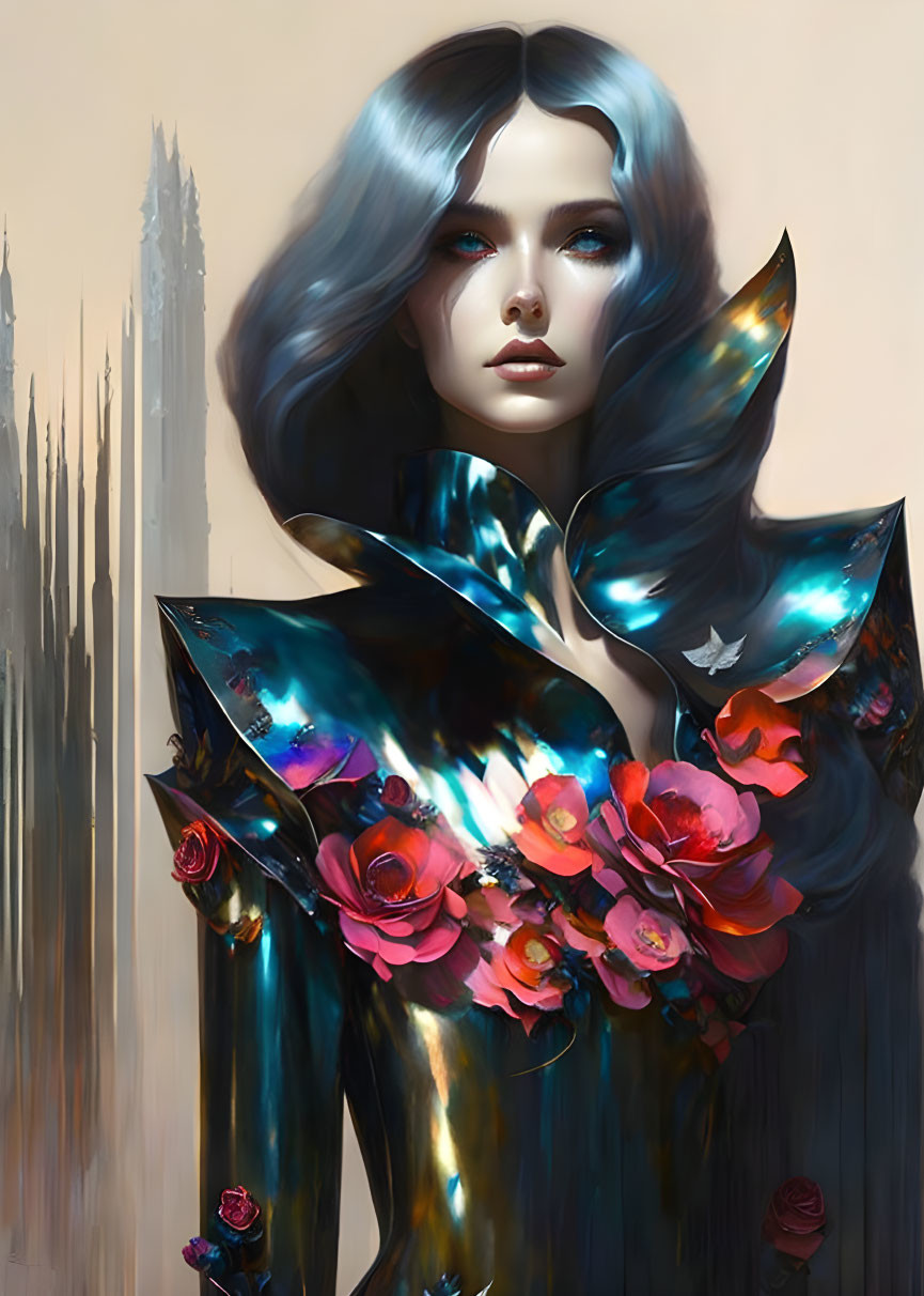 Digital artwork: Woman in blue hair and armor with floral details, against ethereal tower.