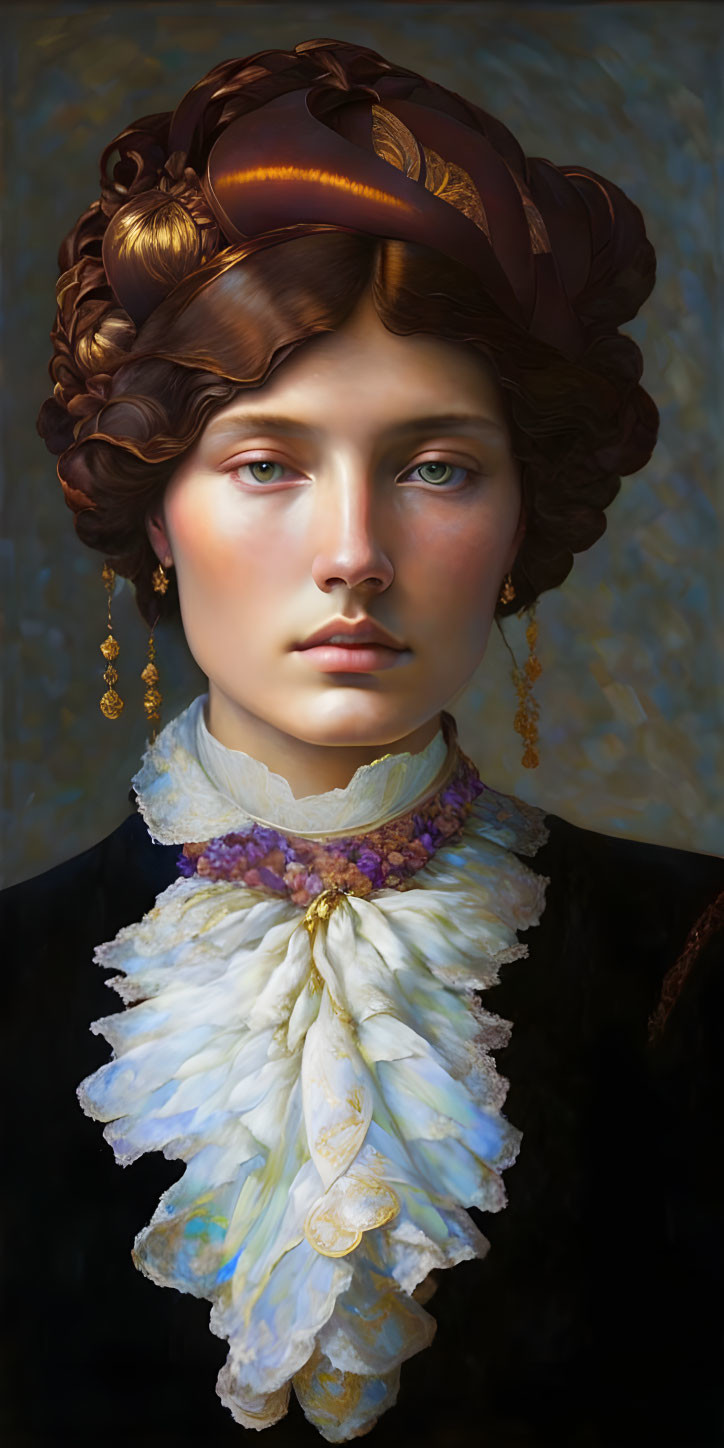 Portrait of woman with auburn updo, red headband, gold earrings, white ruffled