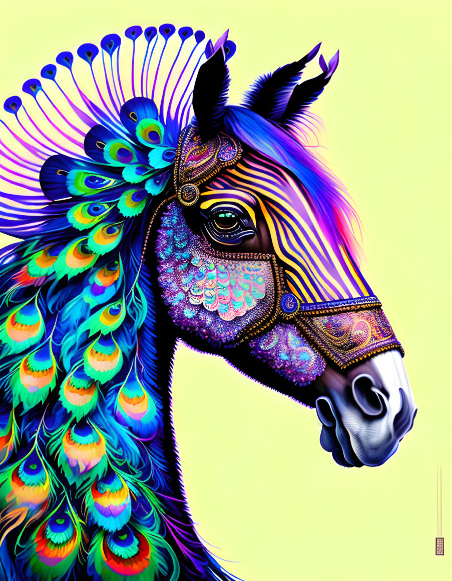 Digital Art: Zebra Head & Peacock Feather Neck Fusion on Yellow Background