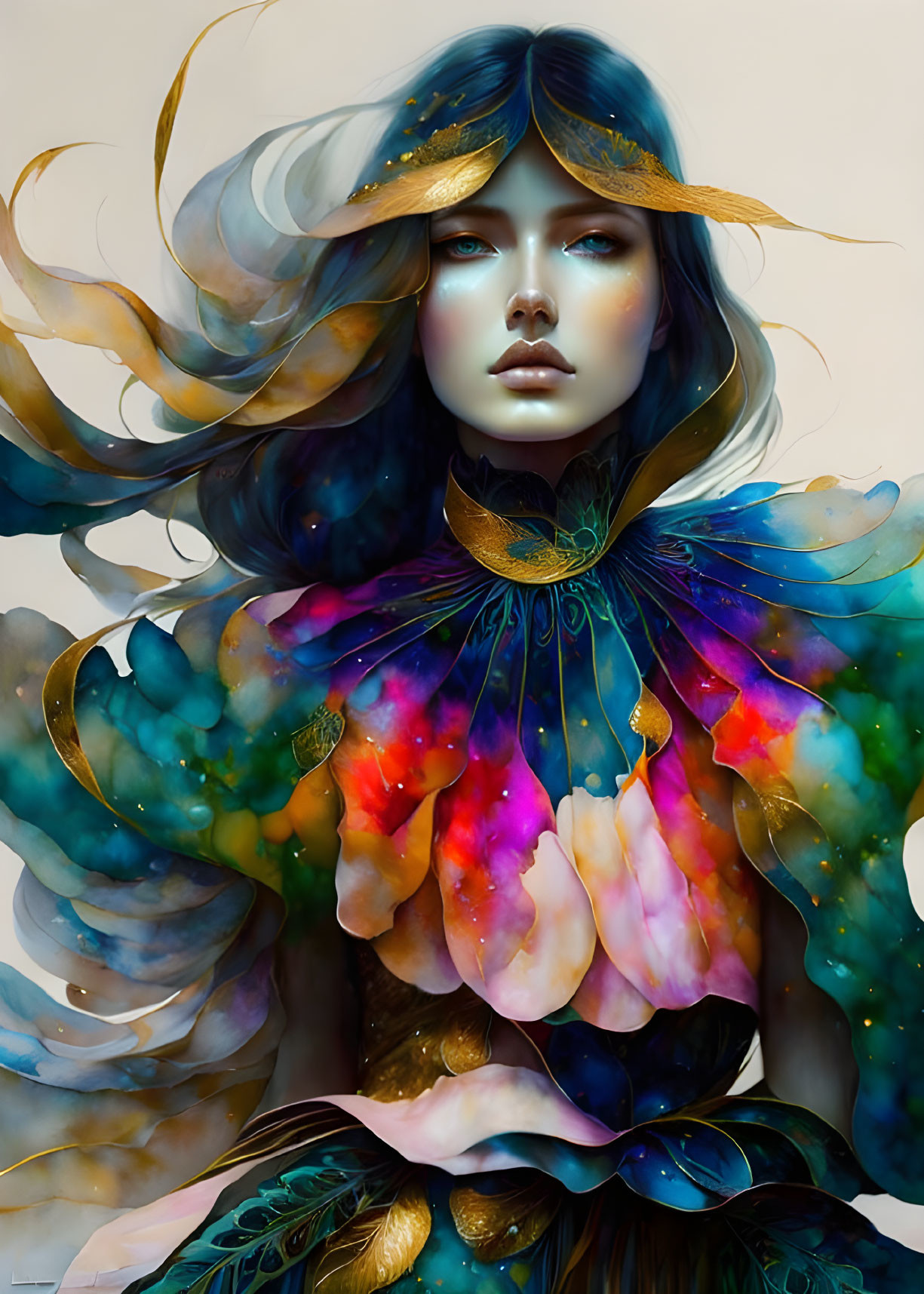 Surreal digital painting of woman with flowing gold hair and vibrant feather-like garment