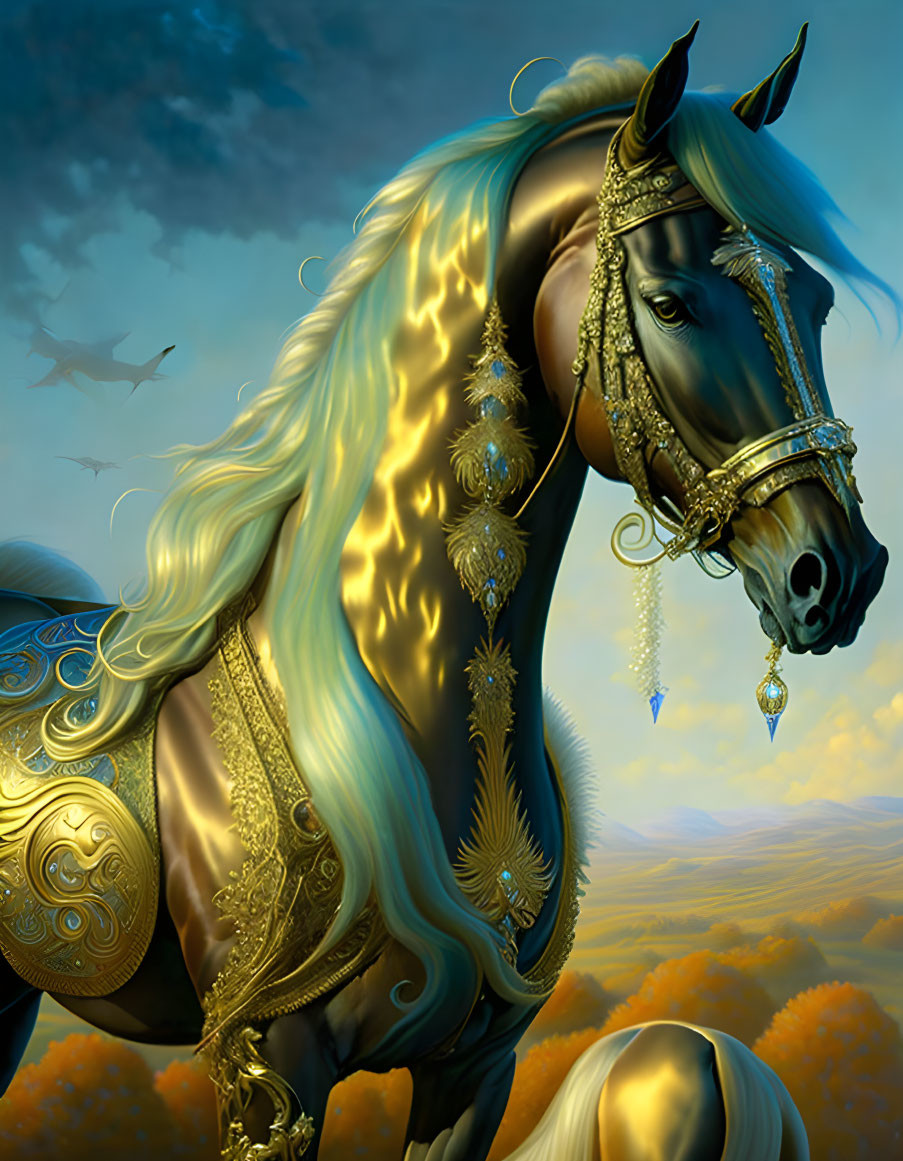 Majestic black horse with gold ornaments in golden sky.