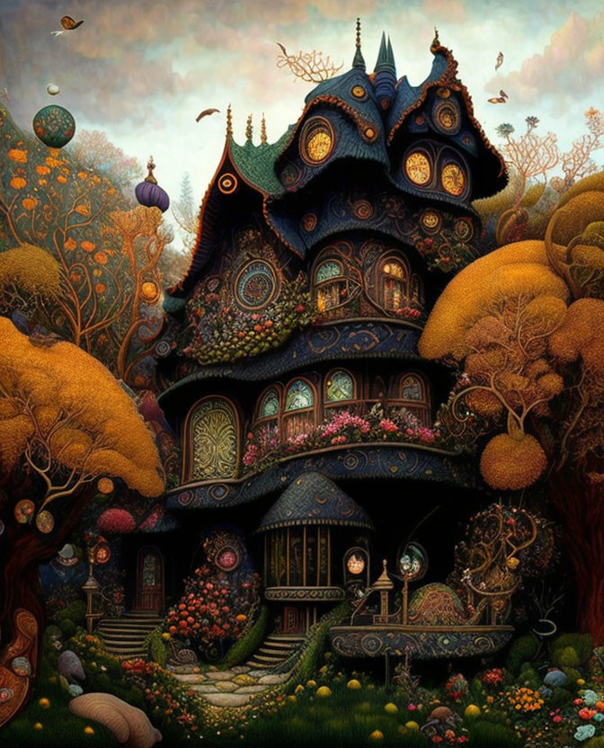 Whimsical fantasy house amidst autumn trees at dusk