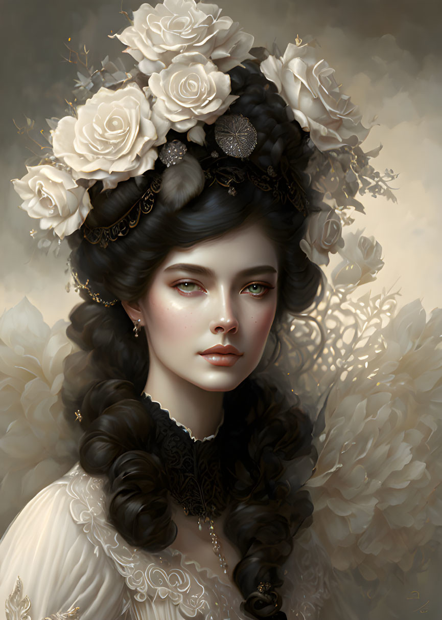 Elaborate Hairstyles with White Roses on Woman Portrait