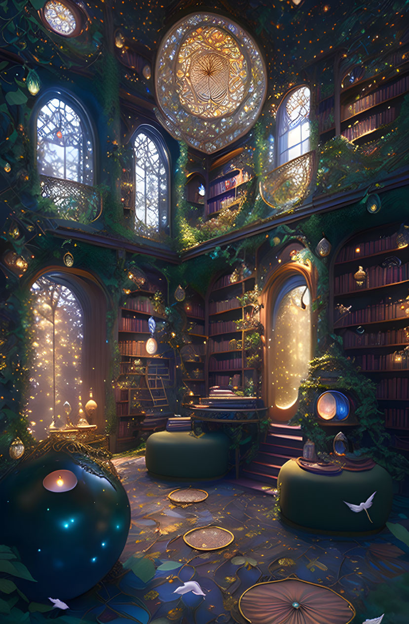 Celestial-themed library with stained-glass windows and glowing orbs