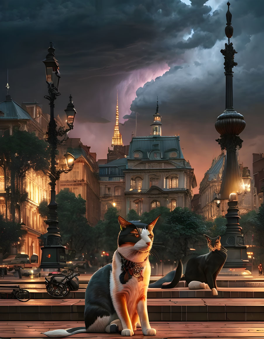 Giant cats in lamp-lit city street with looming hurricane