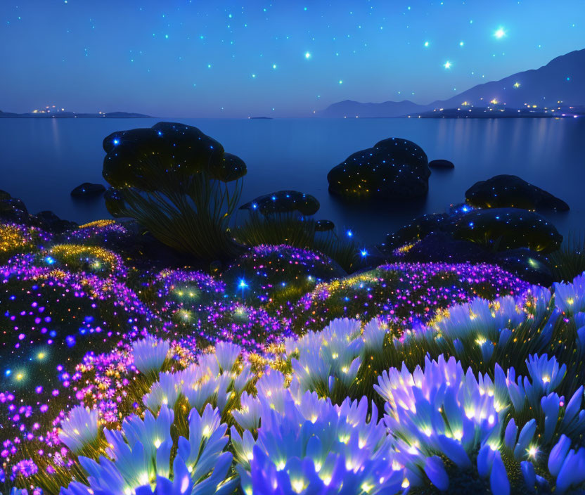 Enchanting night landscape with glowing flowers, rocks, lake, starry sky, and mountains