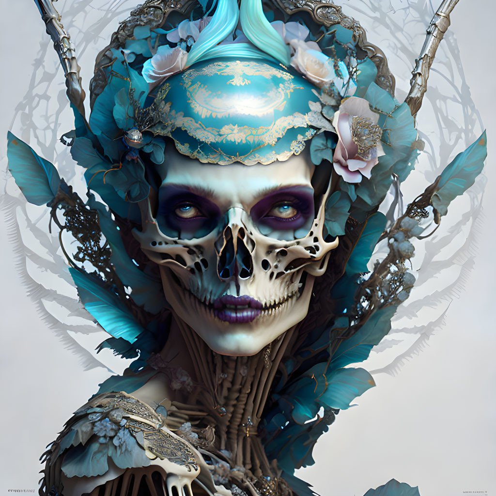 Digital Artwork: Skeletal Figure with Purple Eyes and Gold Crown