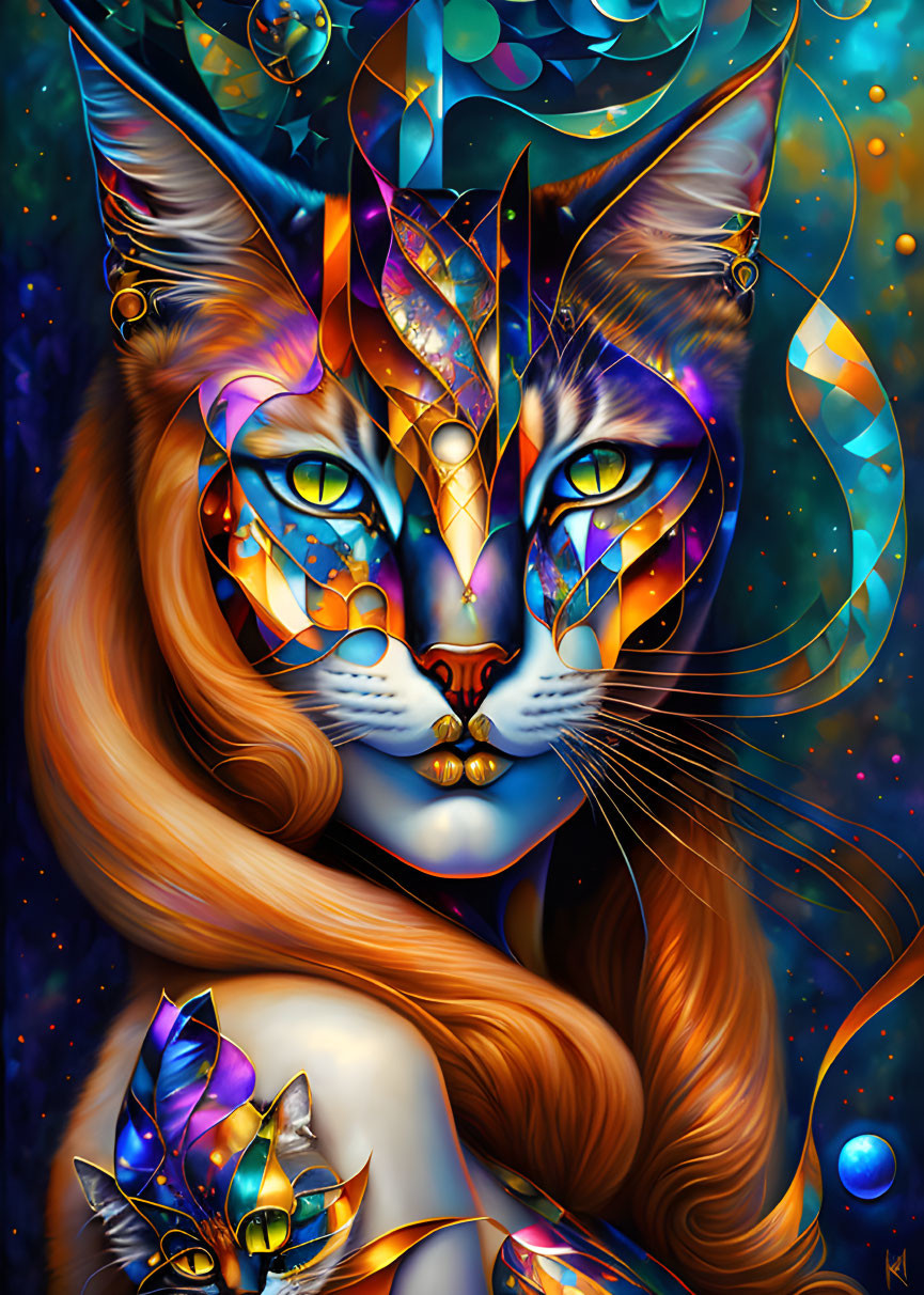 Colorful Geometric Pattern Overlaying Stylized Cat with Blue Eyes