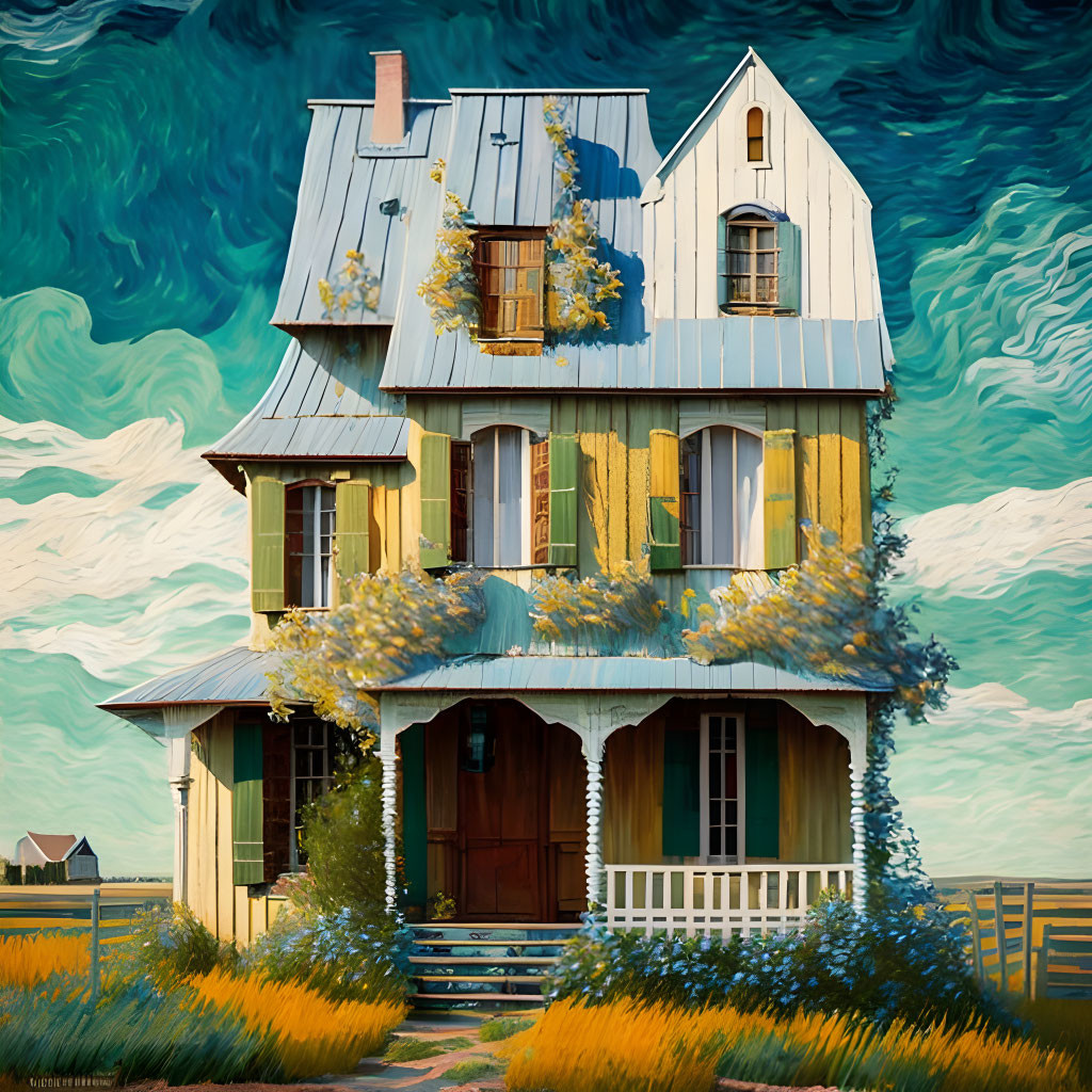 Stylized illustration of two-story yellow house with green roof in Van Gogh style