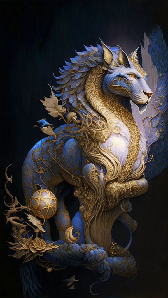 Majestic lion-like creature with wings, gold and blue patterns, holding a golden orb against dark