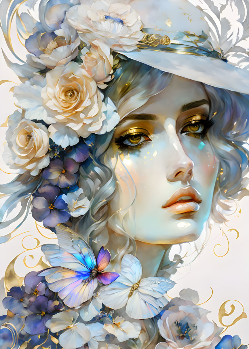 Woman with Floral Hat, Roses, Butterfly: Digital Painting in Soft Pastel Colors