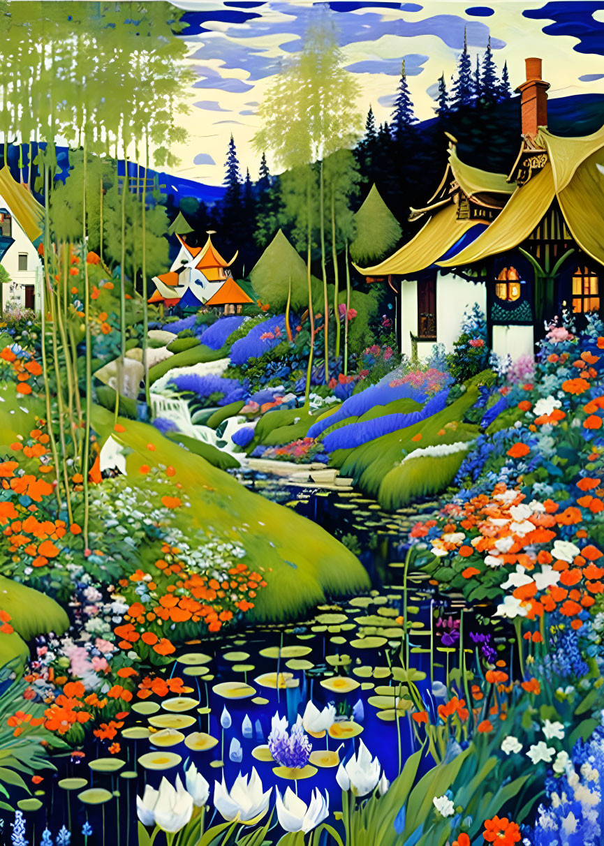 Colorful Whimsical Garden Illustration with Stream and Flowers