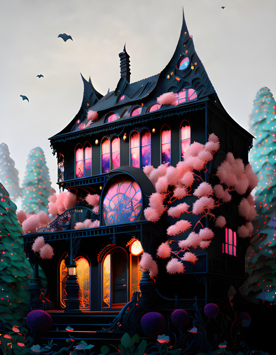 Dark Victorian-style house with pink trees and flying birds