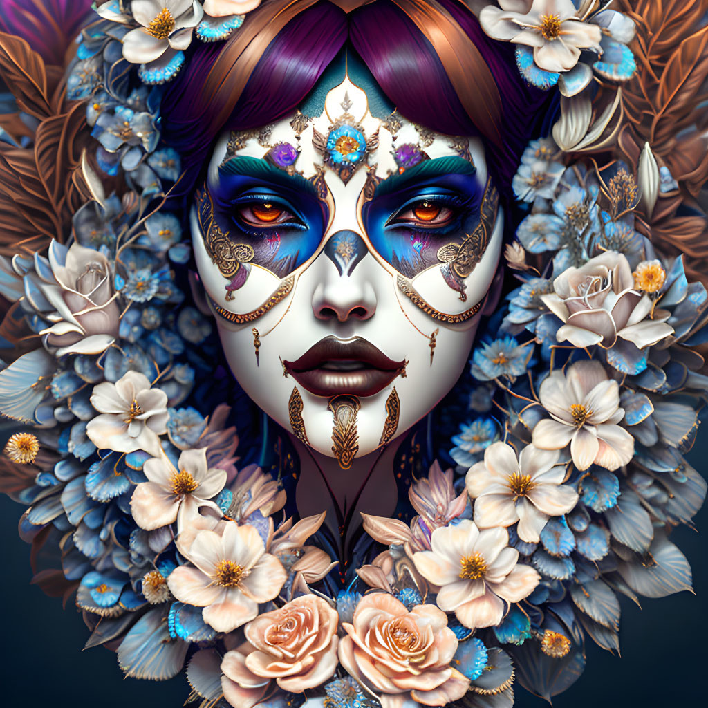 Intricate face paint on woman's face with blue and brown flowers