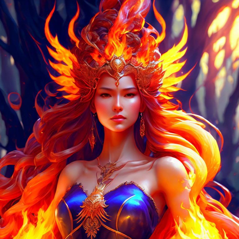 Fantasy woman with flaming crown and golden headpiece on fiery background