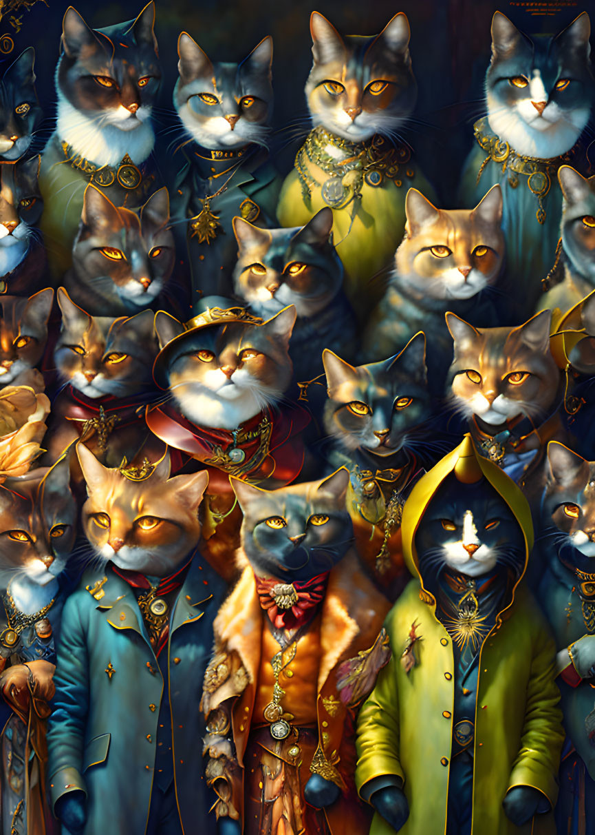 Regal cats in elaborate Renaissance attire with rich colors