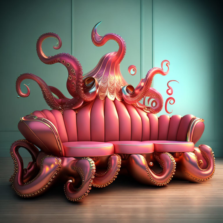 Surreal pink and red octopus on classic sofa against teal background