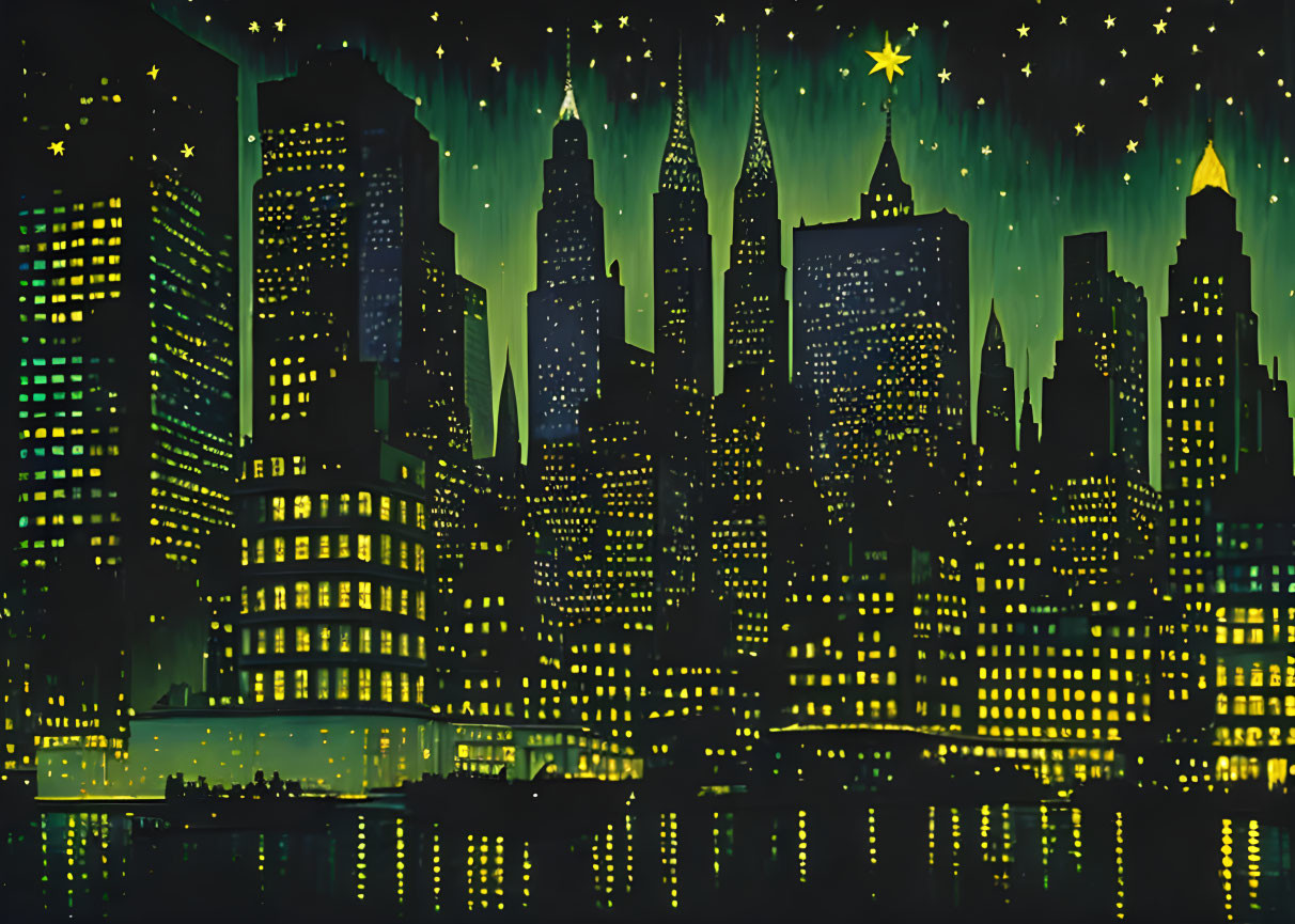 Stylized night cityscape with northern lights and starry sky reflected on waterfront