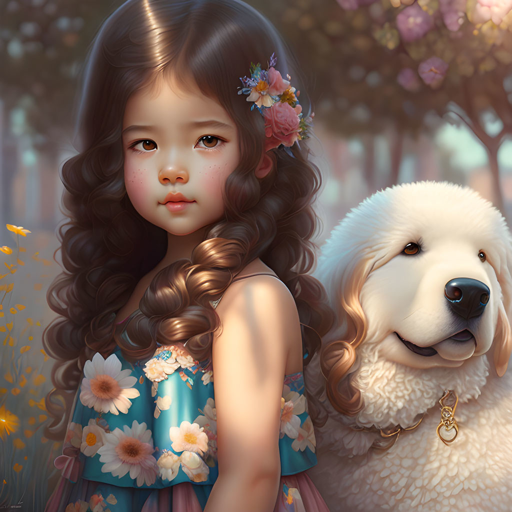 Young girl with curly hair and flowers next to white dog in blossoming tree setting