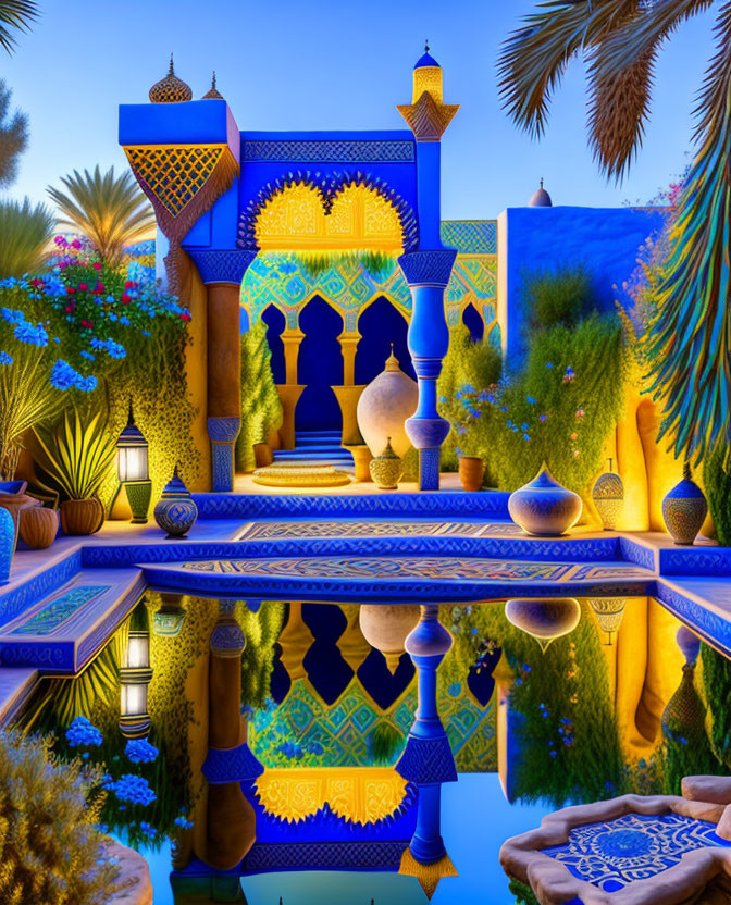 Twilight Moroccan garden with traditional architecture, intricate tile work, lanterns, and reflective pool.