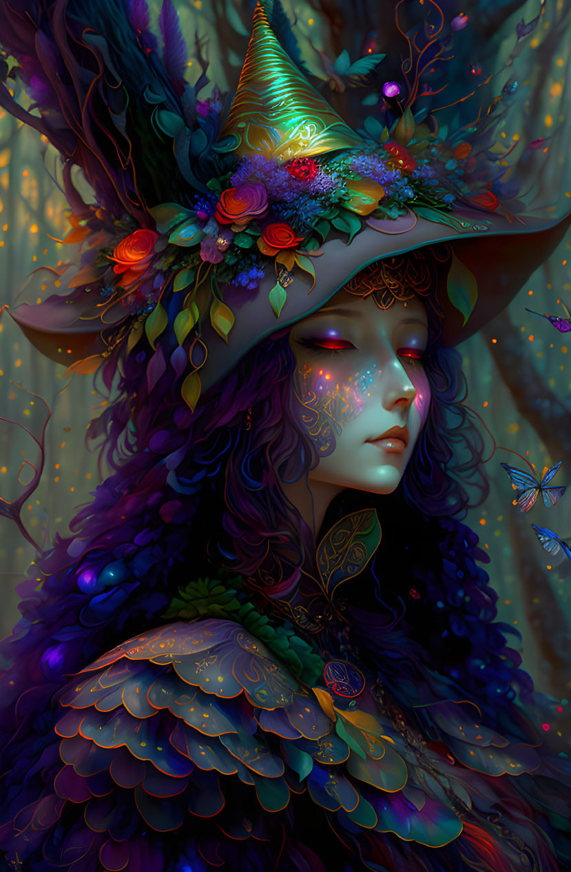 Colorful mystical figure with floral hat, iridescent scales, and butterfly surroundings