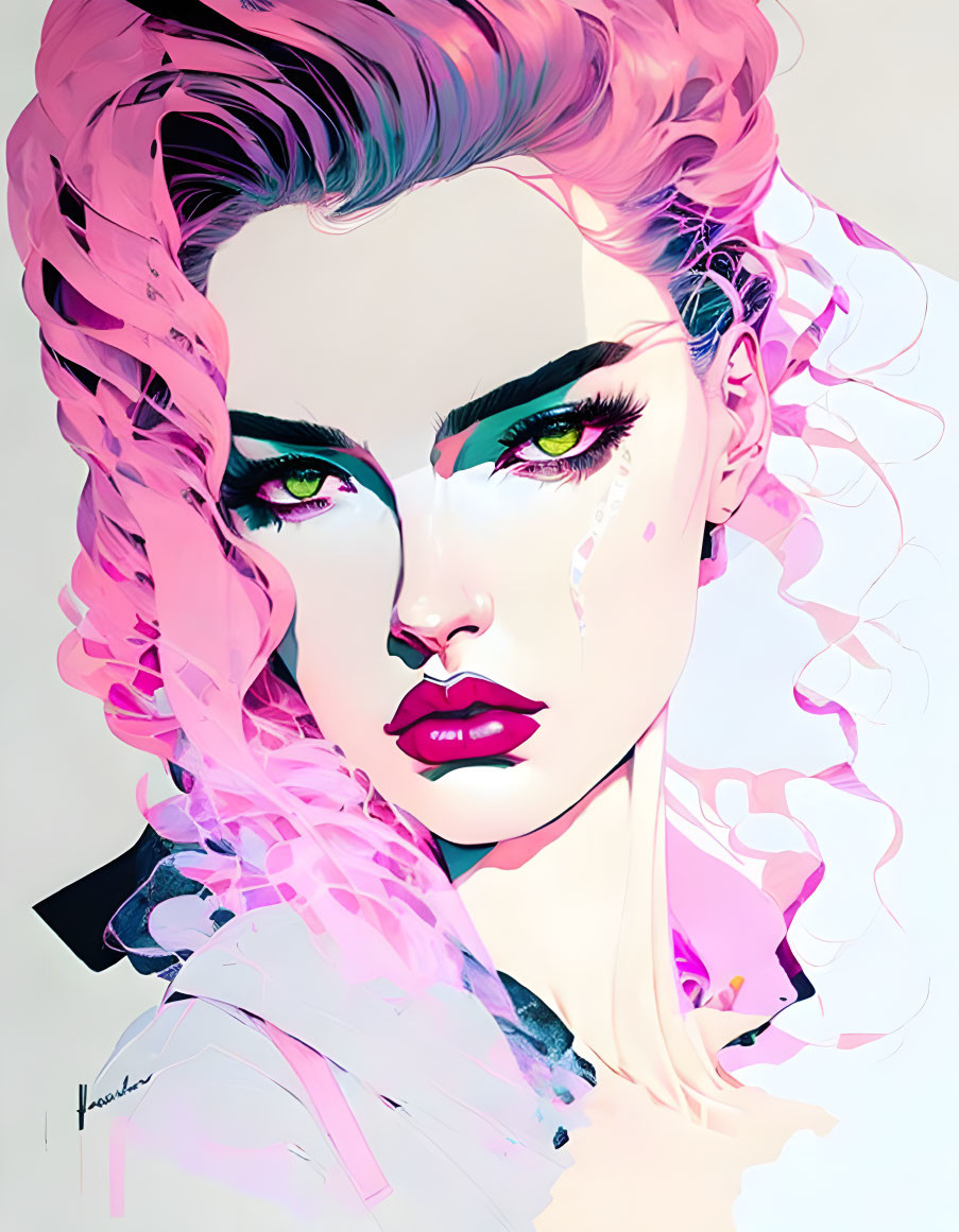 Vibrant pink hair and green eyes in bold illustration