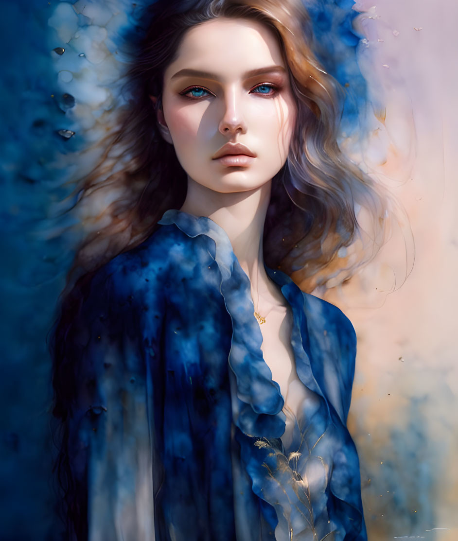 Digital painting of woman with flowing blue hair and blouse on abstract blue background.