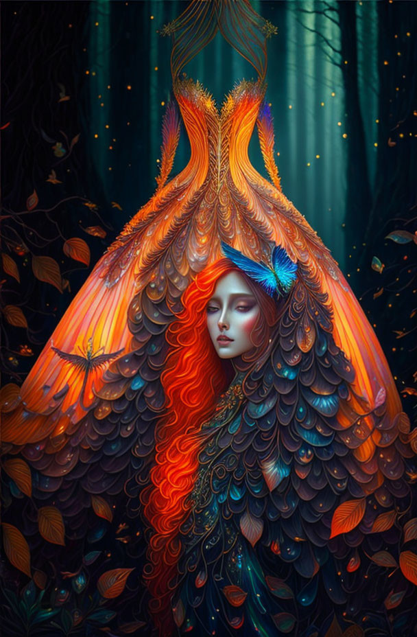 Vibrant Phoenix-themed Woman in Mystical Forest