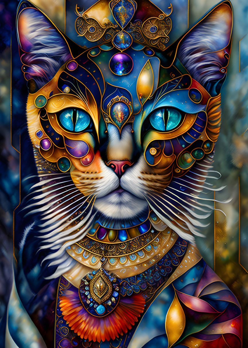 Colorful Cat Artwork with Cosmic Patterns and Blue Eyes