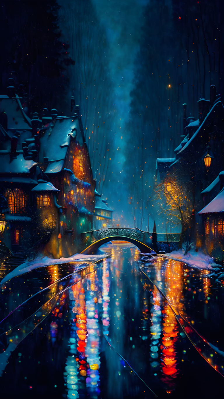 Winter Night: Houses, Canal, Bridge, Snowfall, Reflections