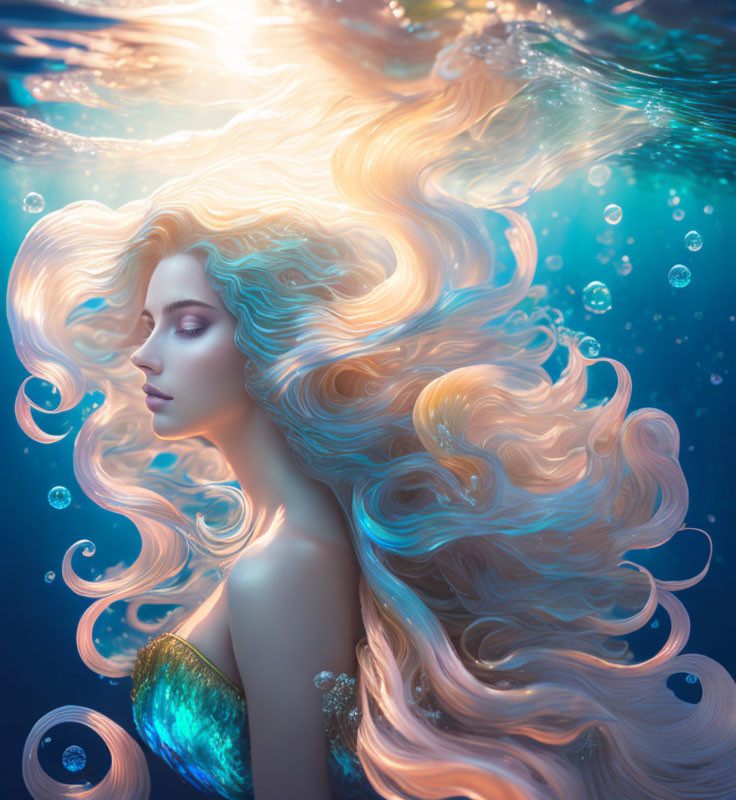 Mystical mermaid with long hair in serene underwater scene