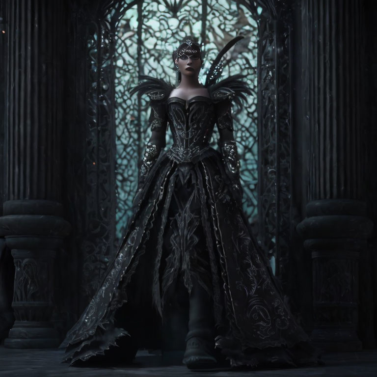 Regal figure in dark ornate armor in grand gothic-style hall