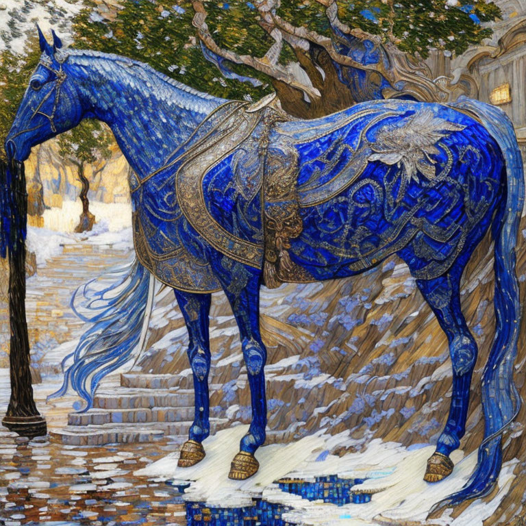 Detailed Illustration of Blue Horse with White Patterns on Snowy Path