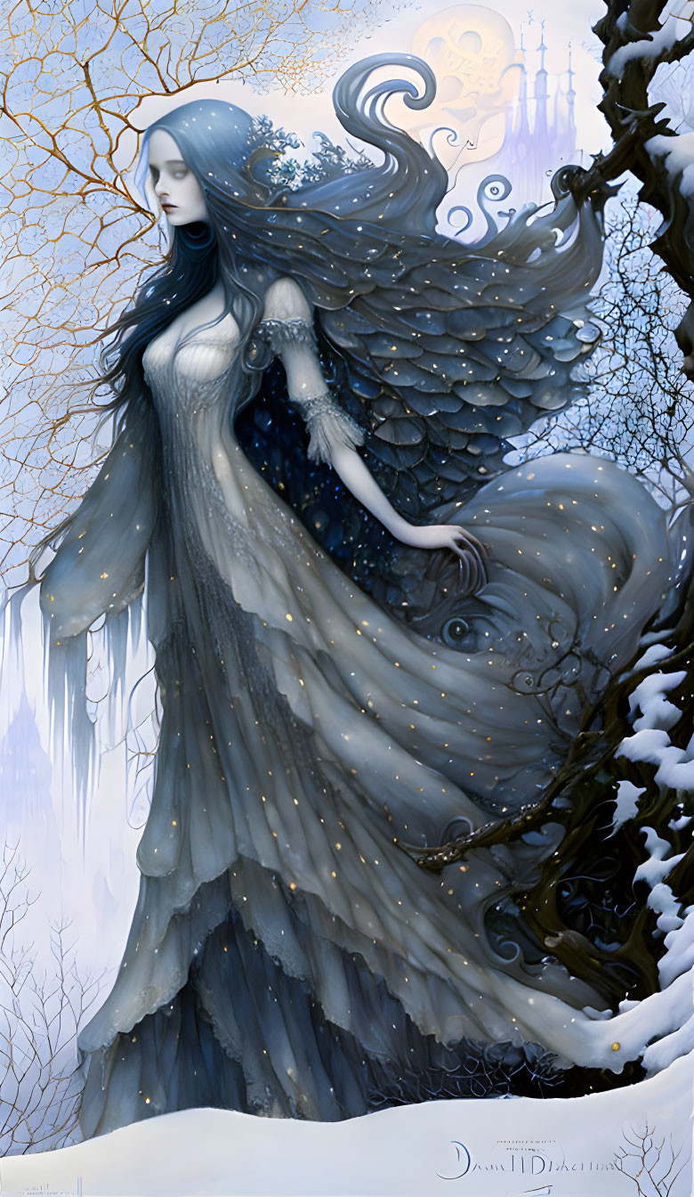 Ethereal woman with blue hair in snowy forest landscape.