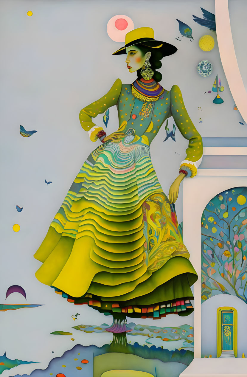 Colorful surreal painting: Woman in elaborate dress in whimsical landscape