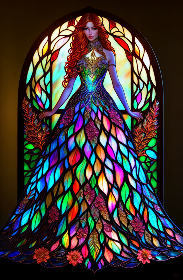 Colorful Stained Glass-Style Illustration of Woman in Peacock Dress