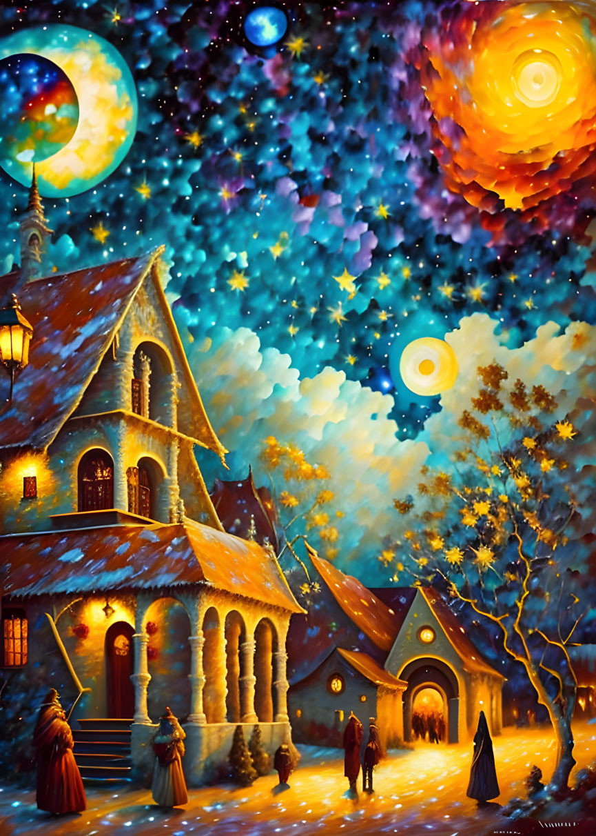 Fantasy painting of village under multiple moons