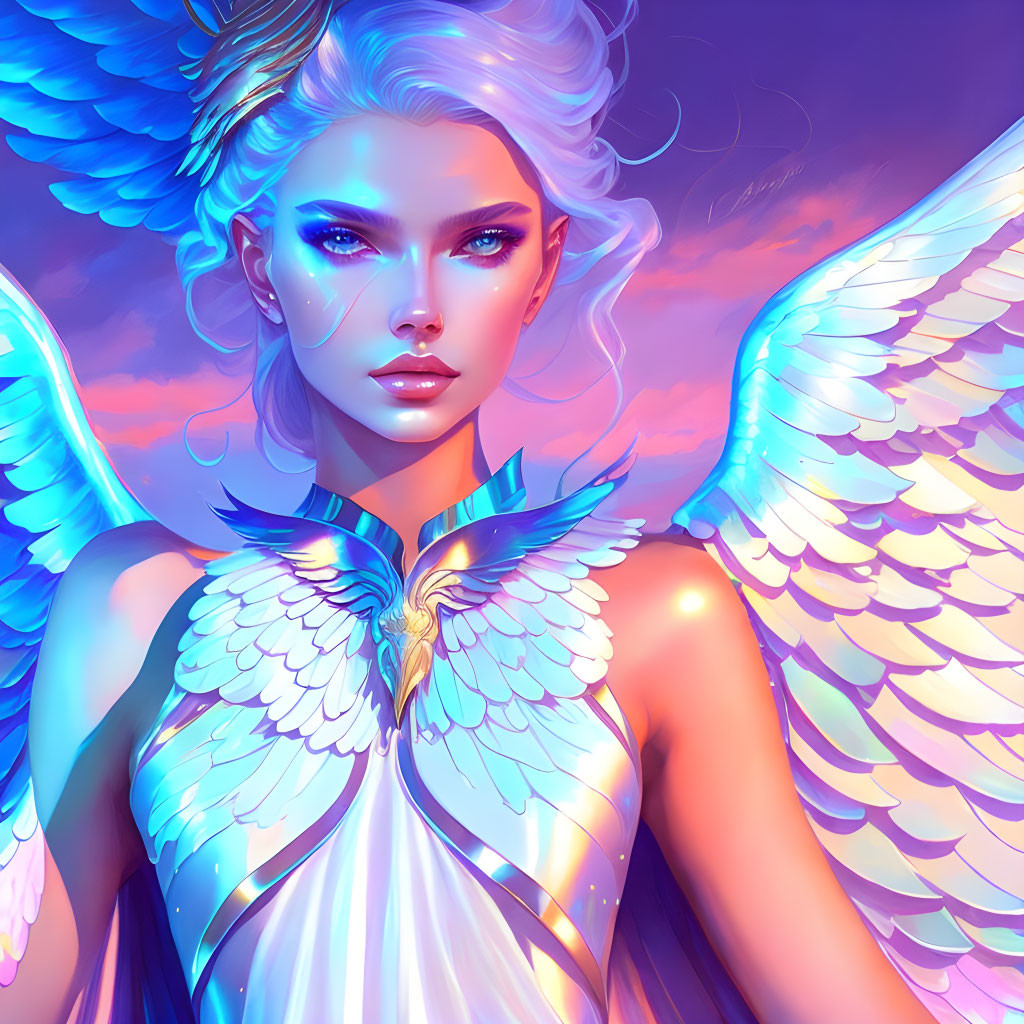 Angel with blue and white wings under purple sky