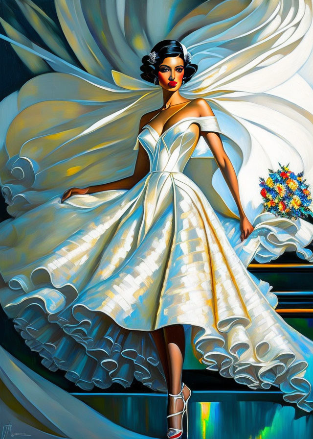 Colorful Illustration of Woman in Flowing White Dress with Dynamic Wings