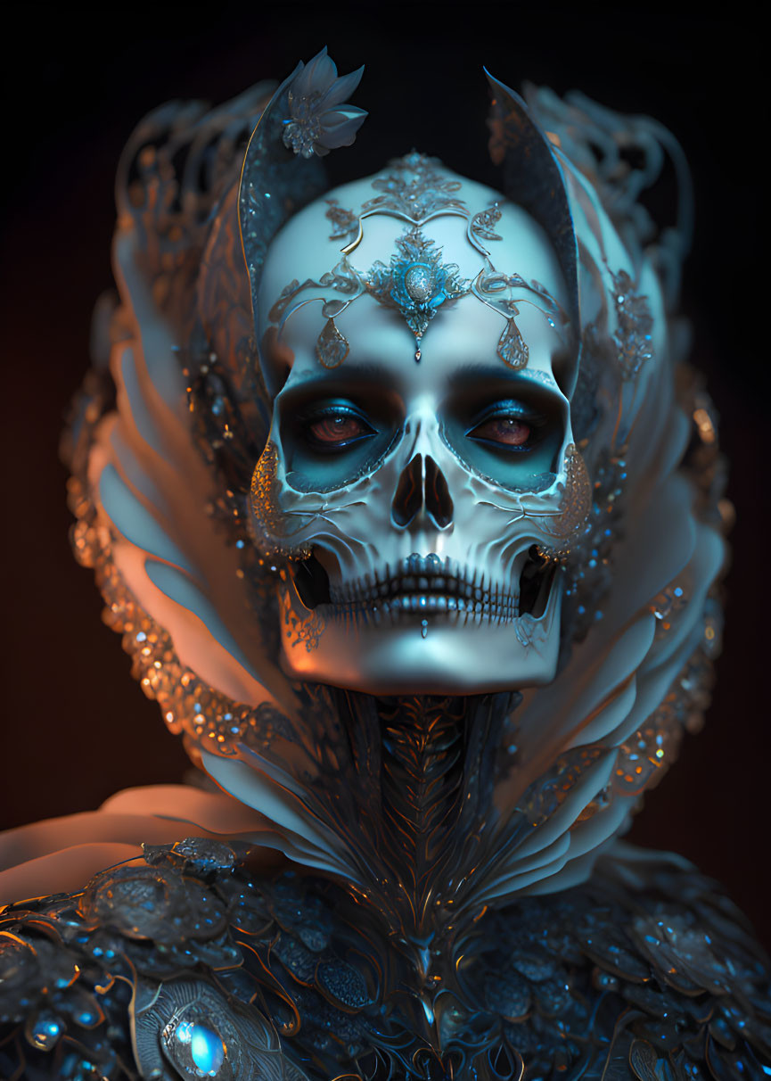 Detailed 3D rendering of humanoid figure with skull face & ornate metallic filigree attire