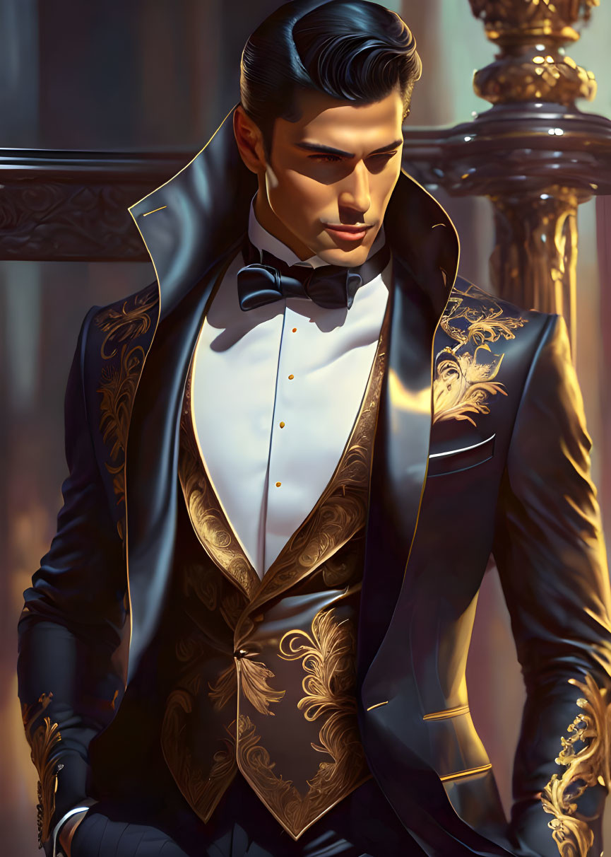 Sophisticated man in elegant suit with gold embroidery and slick hairstyle