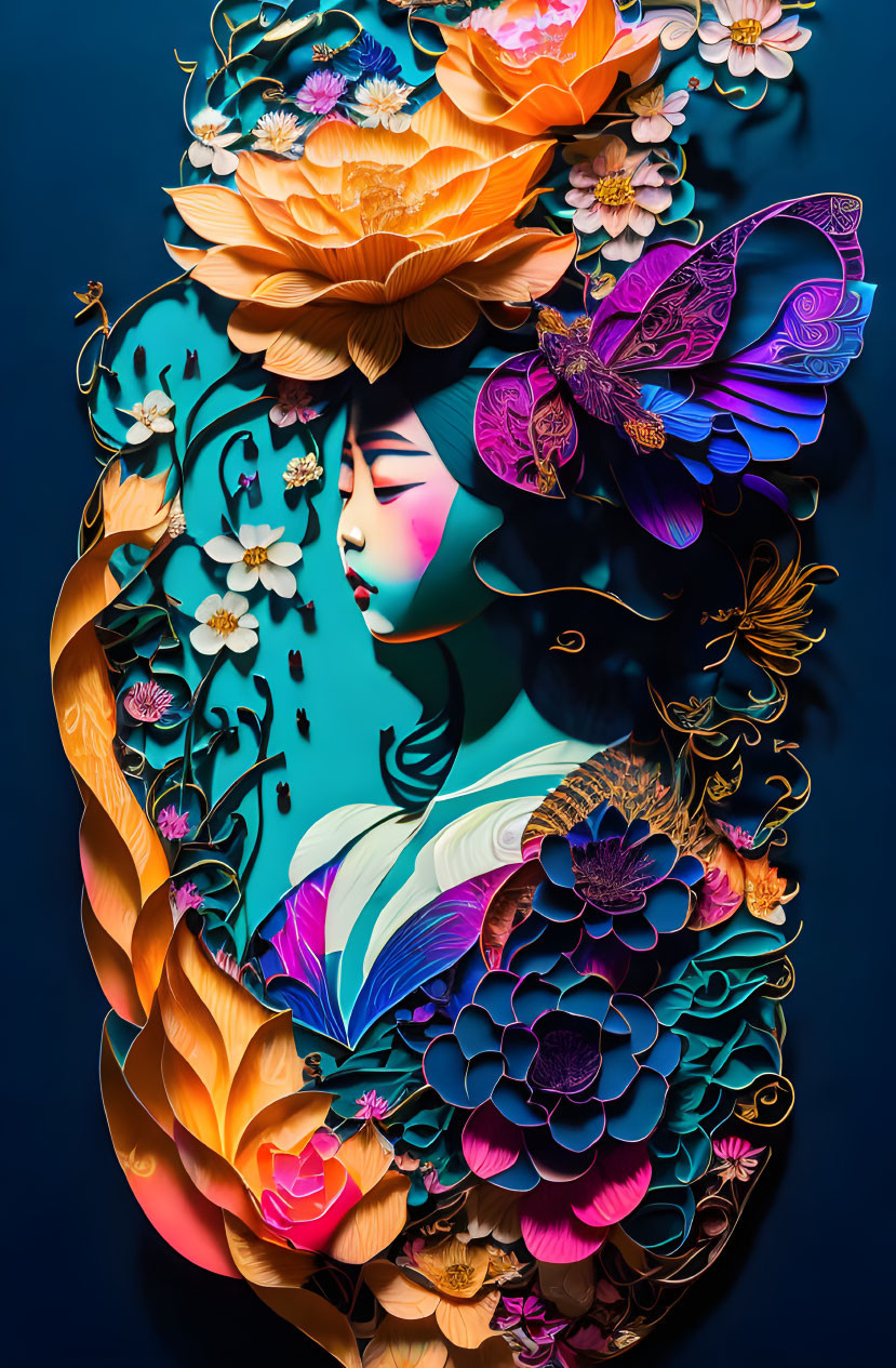 Vibrant artwork of stylized woman with floral patterns and butterfly on dark blue background