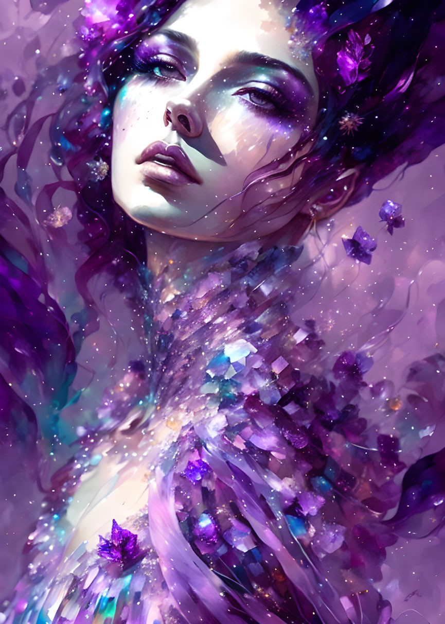 Surreal portrait of a woman with cosmic-themed purple and sparkling elements