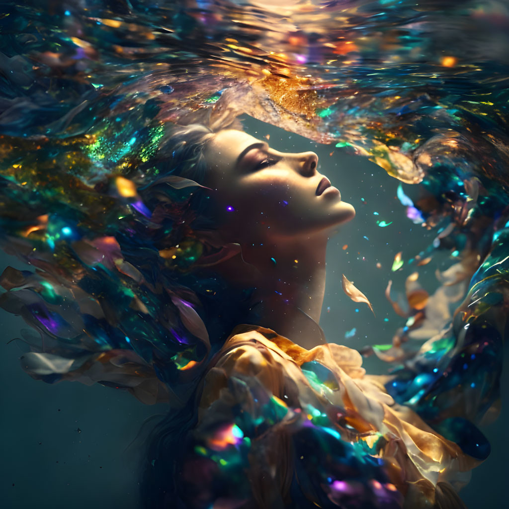 Woman Submerged in Water Surrounded by Colorful Glowing Fragments