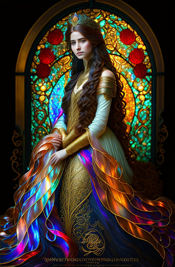 Regal woman with colorful hair before stained glass window