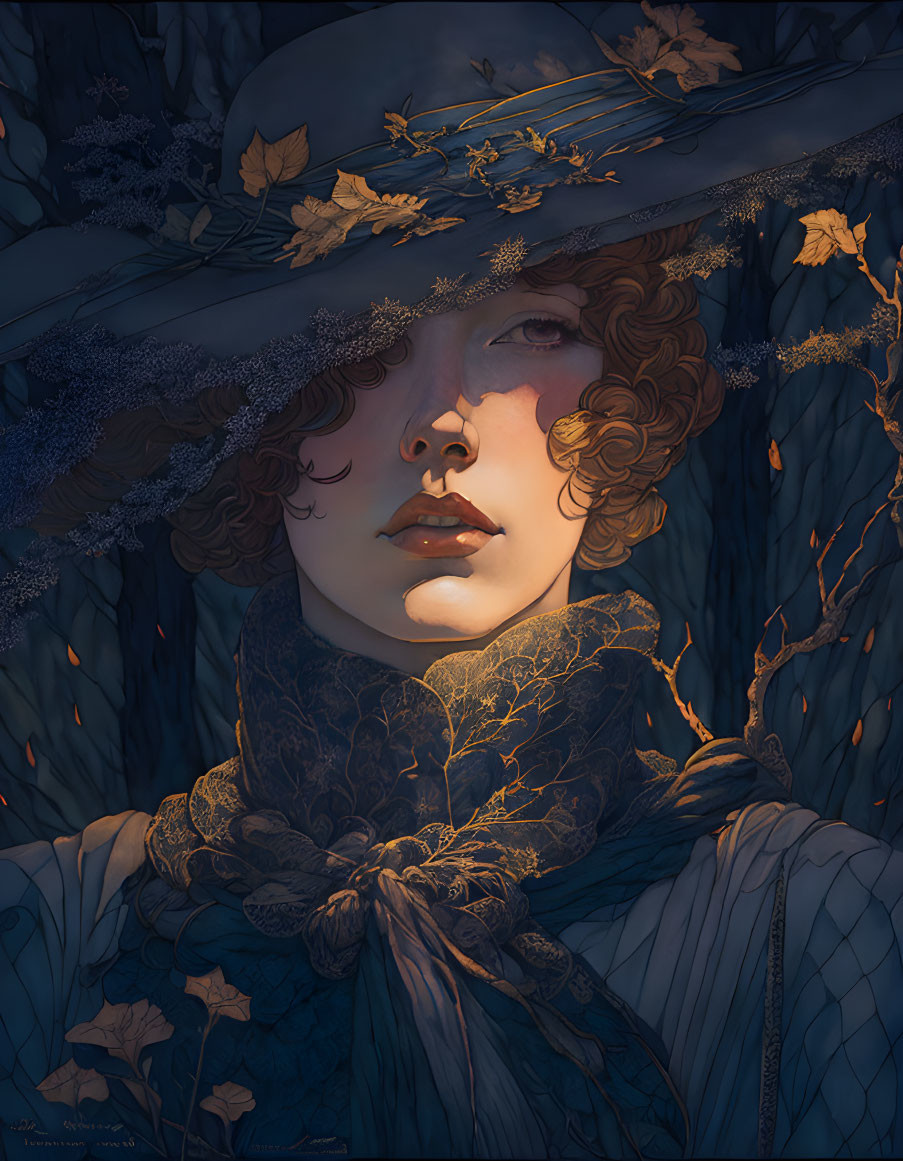 Illustrated portrait of person with curly hair in wide-brimmed hat surrounded by autumn leaves and branches