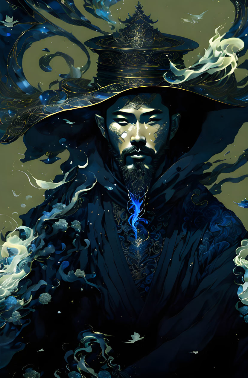 Bearded male figure in dark robes with ornate hat, surrounded by blue smoke and golden accents